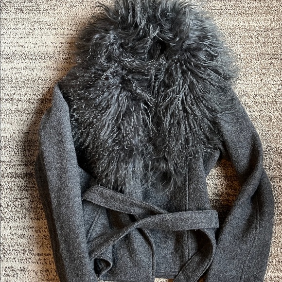 Chic Gray wool jacket with real lamb fur, medium size woman! So warm, chic - Picture 7 of 17